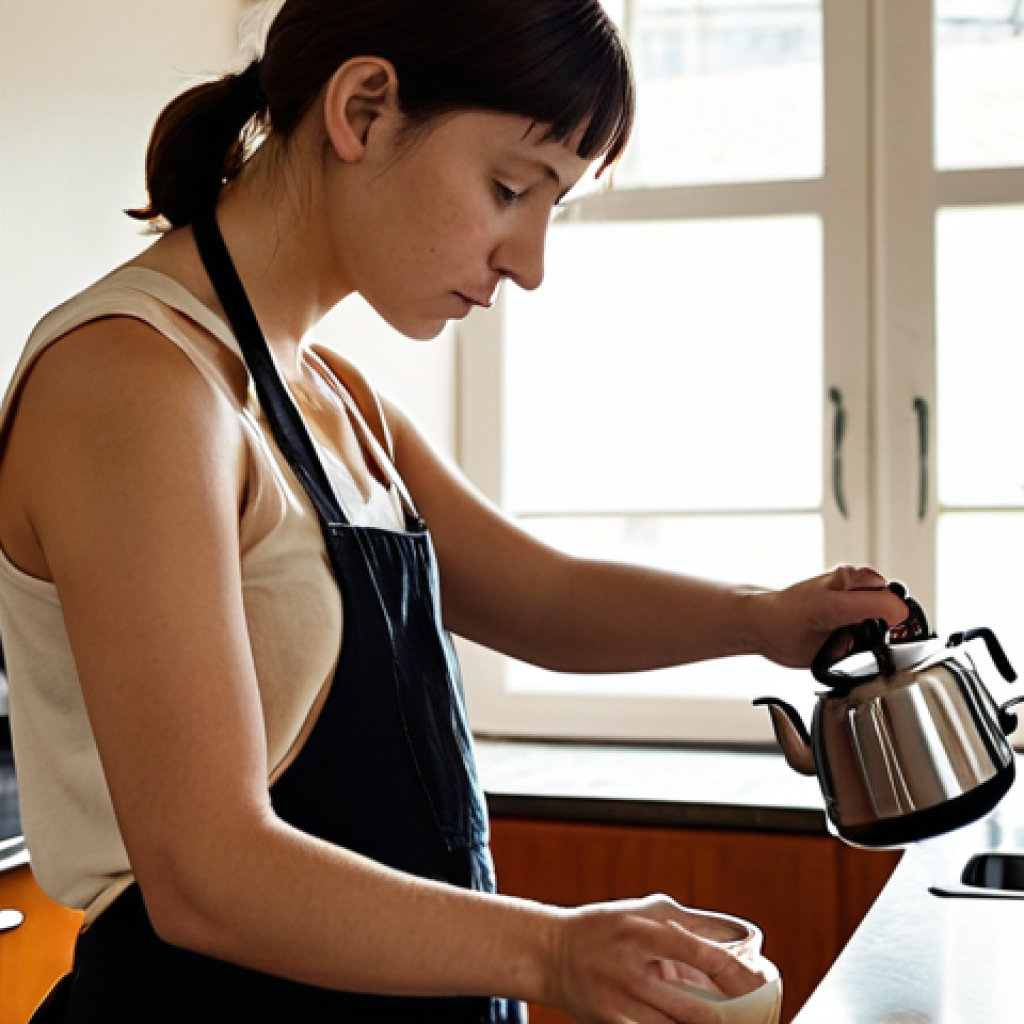 A cozy home kitchen scene where an aspiring barista practices coffee making. The setting features simple, everyday coffee tools like a pour-over kettle, a precise scale, and perhaps a small moka pot. The focus is on a person diligently trying to froth milk with a kitchen whisk, looking determined yet slightly challenged. Soft, natural light illuminates the space, conveying an intimate, self-taught learning atmosphere despite limited professional equipment.