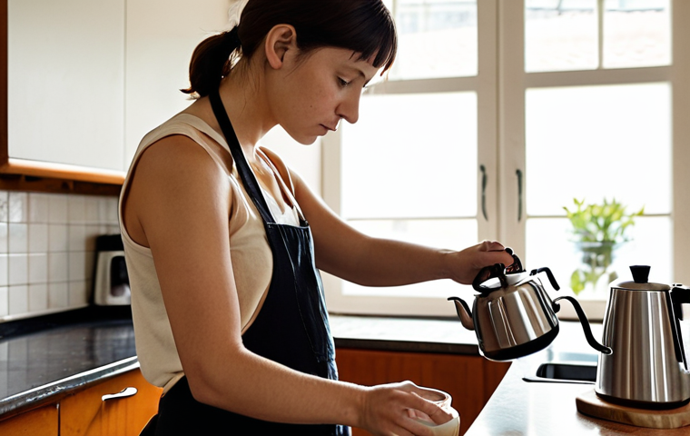 A cozy home kitchen scene where an aspiring barista practices coffee making. The setting features simple, everyday coffee tools like a pour-over kettle, a precise scale, and perhaps a small moka pot. The focus is on a person diligently trying to froth milk with a kitchen whisk, looking determined yet slightly challenged. Soft, natural light illuminates the space, conveying an intimate, self-taught learning atmosphere despite limited professional equipment.