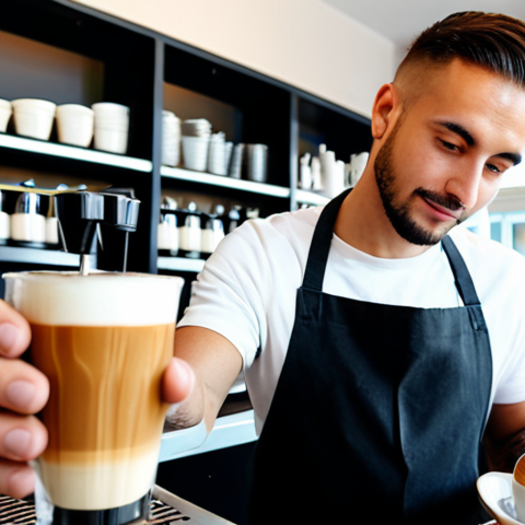 **

A professional barista in a modern cafe, fully clothed, preparing a latte with latte art. The cafe is bright and inviting, with customers in the background. Safe for work, appropriate content, professional setting, perfect anatomy, natural pose.

**