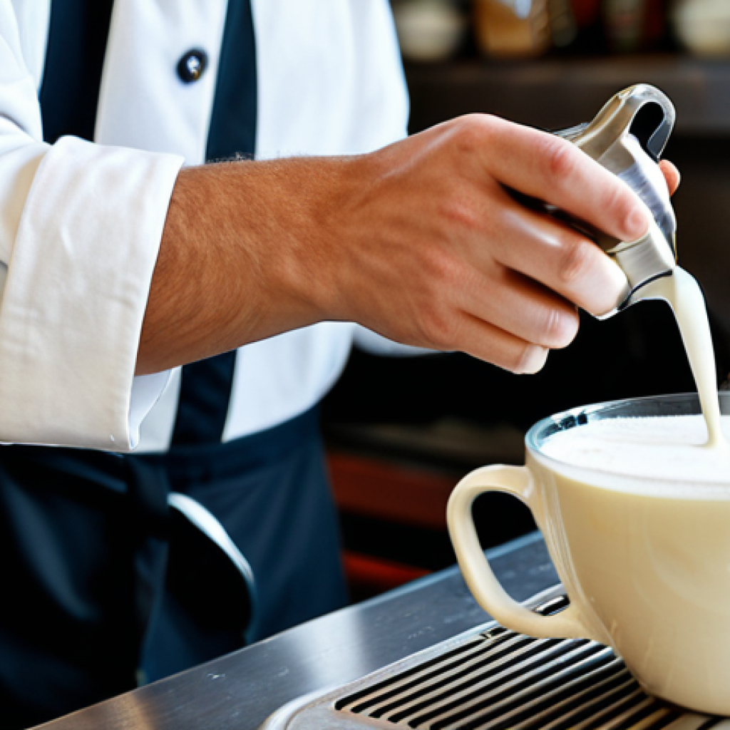 바리스타 커피 아트 실습 팁 - Milk Steaming in Progress**

"Close-up of steaming milk in a stainless steel pitcher, barista hands ...