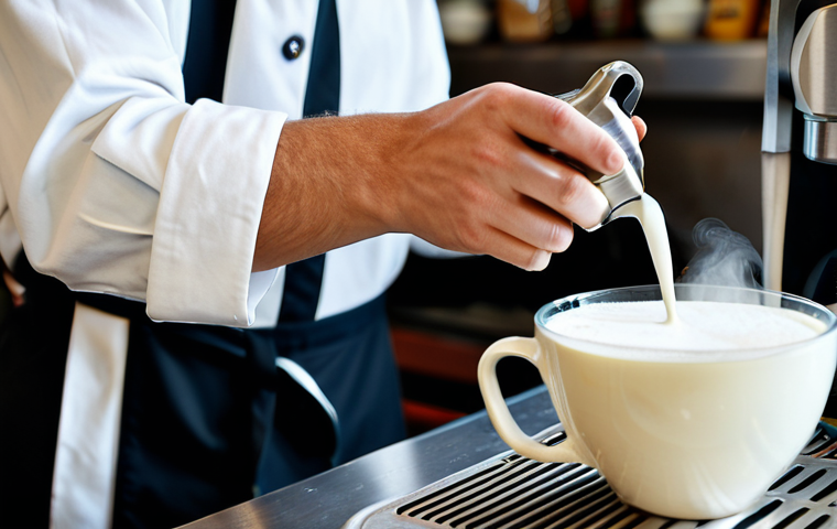 바리스타 커피 아트 실습 팁 - Milk Steaming in Progress**

"Close-up of steaming milk in a stainless steel pitcher, barista hands ...