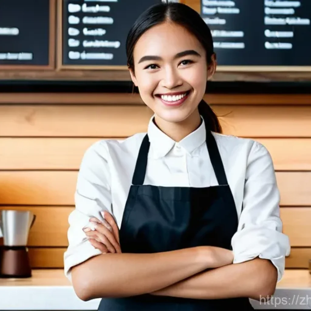 바리스타 자격증 유효기간 - **Prompt:** A young, enthusiastic female barista, dressed in a clean, professional dark gray apron o...