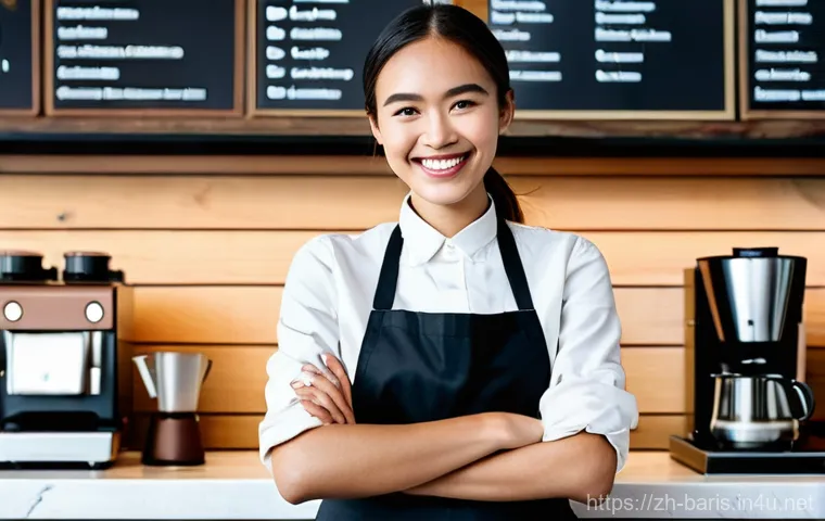 바리스타 자격증 유효기간 - **Prompt:** A young, enthusiastic female barista, dressed in a clean, professional dark gray apron o...