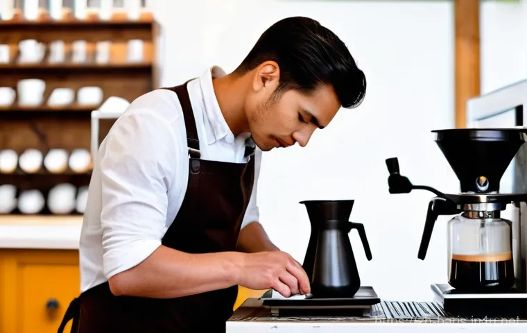 바리스타 자격증 유효기간 - **Prompt:** A young, enthusiastic female barista, dressed in a clean, professional dark gray apron o...