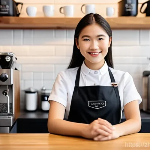 바리스타 자격증 취득 후 경력 개발 - **Prompt: "A skilled barista, a young woman with a thoughtful expression, meticulously performs latt...