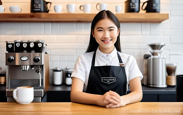 바리스타 자격증 취득 후 경력 개발 - **Prompt: "A skilled barista, a young woman with a thoughtful expression, meticulously performs latt...
