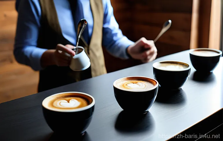 바리스타 자격증 취득 후 경력 개발 - **Prompt: "A skilled barista, a young woman with a thoughtful expression, meticulously performs latt...