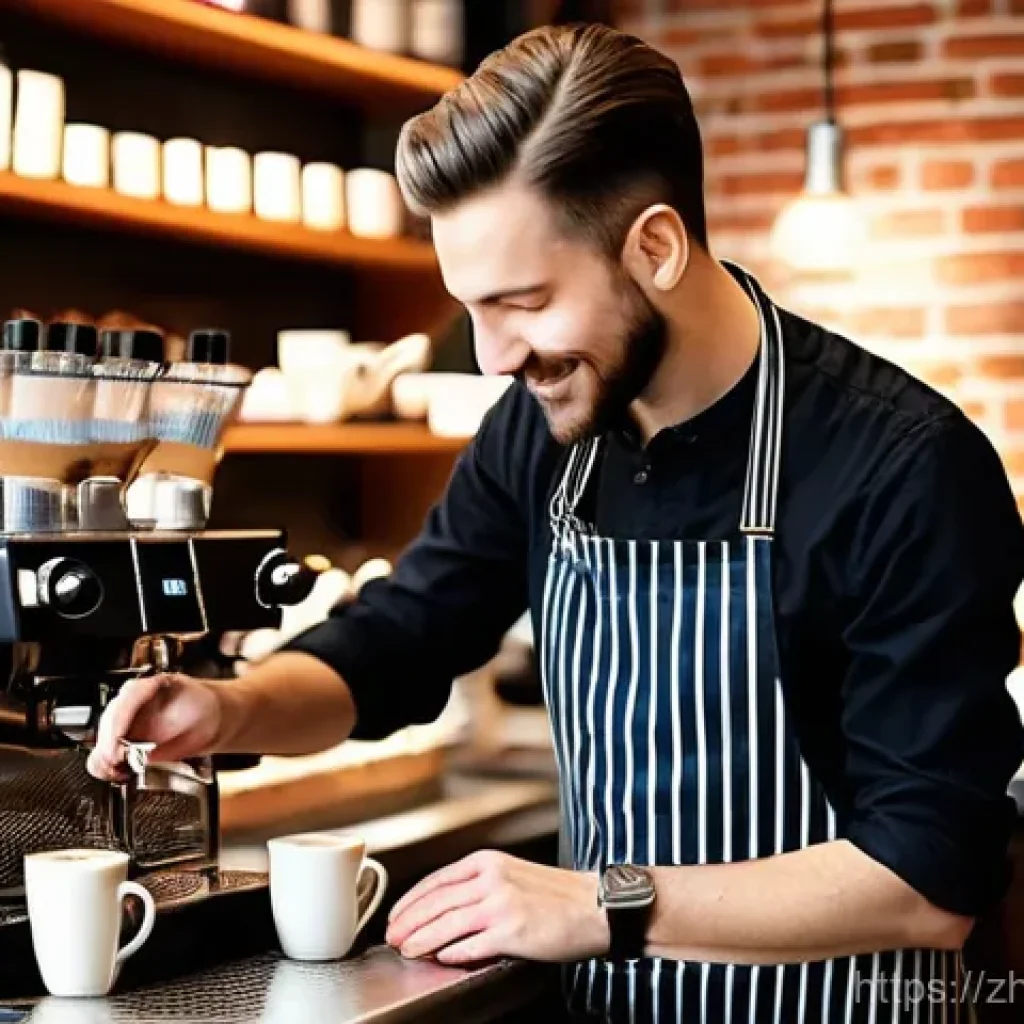 바리스타 자격증 국제 인정 여부 - **Prompt:** A skilled male barista, dressed in a clean, stylish apron over a short-sleeved shirt and...