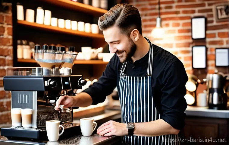 바리스타 자격증 국제 인정 여부 - **Prompt:** A skilled male barista, dressed in a clean, stylish apron over a short-sleeved shirt and...