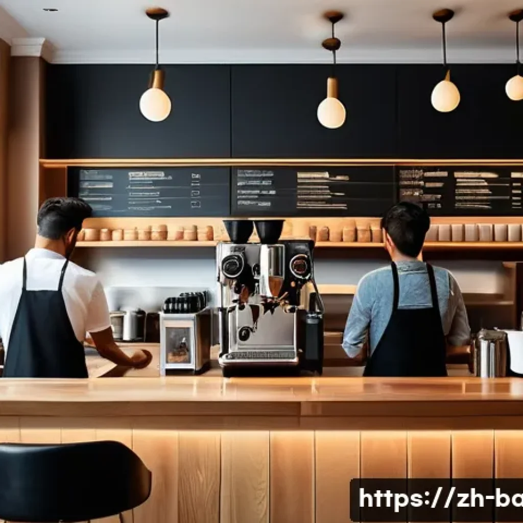 바리스타 업무에서 겪은 에피소드 - A busy modern coffee shop during peak hours, featuring a calm barista in a clean uniform skillfully ...