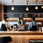 바리스타 업무에서 겪은 에피소드 - A busy modern coffee shop during peak hours, featuring a calm barista in a clean uniform skillfully ...