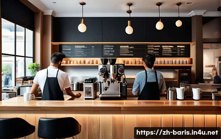 바리스타 업무에서 겪은 에피소드 - A busy modern coffee shop during peak hours, featuring a calm barista in a clean uniform skillfully ...