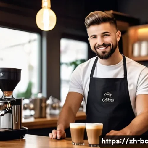 바리스타 자격증으로 해외 취업 - A professional barista in a modern specialty coffee shop setting, wearing a neat apron and holding a...