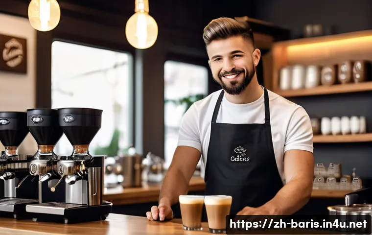 바리스타 자격증으로 해외 취업 - A professional barista in a modern specialty coffee shop setting, wearing a neat apron and holding a...