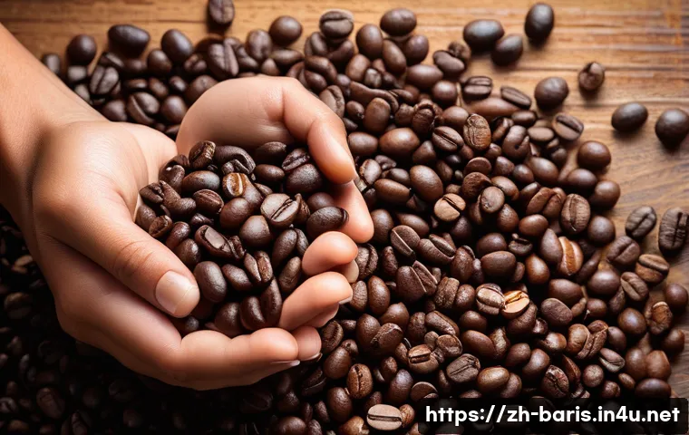 바리스타 커피 레시피 개발 노하우 - A detailed close-up of diverse coffee beans from different origins displayed on a rustic wooden tabl...