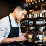 바리스타 업무 사례 공유 - A modern specialty coffee shop barista carefully adjusting an espresso machine&rsquo;s pressure gauge and ...