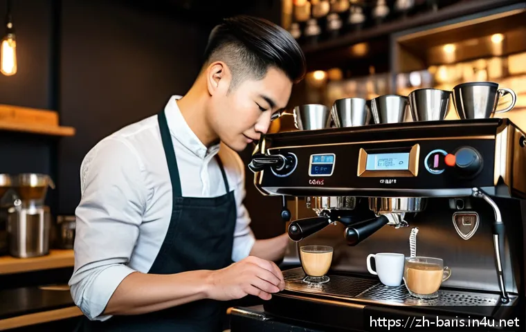 바리스타 업무 사례 공유 - A modern specialty coffee shop barista carefully adjusting an espresso machine&rsquo;s pressure gauge and ...