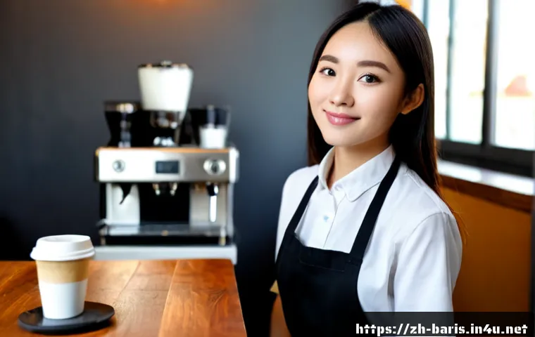바리스타 이직 성공 사례 인터뷰 - Photorealistic successful barista career transition interview, confident young adult barista in a cl...