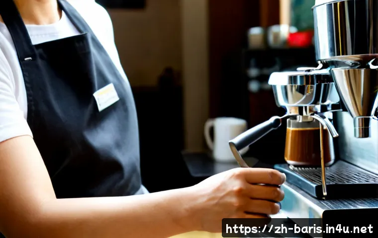 바리스타 실기에서 자주 나오는 문제 - Photorealistic barista practical examination scene, focused adult trainee in clean dark apron carefu...